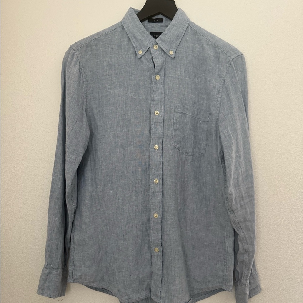 J. Crew Men's Linen Blend Blue Button-Down Shirt